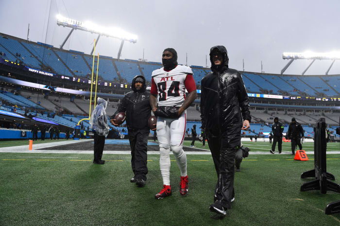 Dec 17, 2023; Charlotte, North Carolina, USA; Atlanta Falcons running back Cordarrelle Patterson (84) comes off the field before the game at Bank of America Stadium.